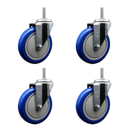 Service Caster 5 Inch Blue Polyurethane Wheel Swivel 58 Inch Threaded Stem Caster Set Service Caster SCC-TS20S514-PPUB-BLUE-58212-4